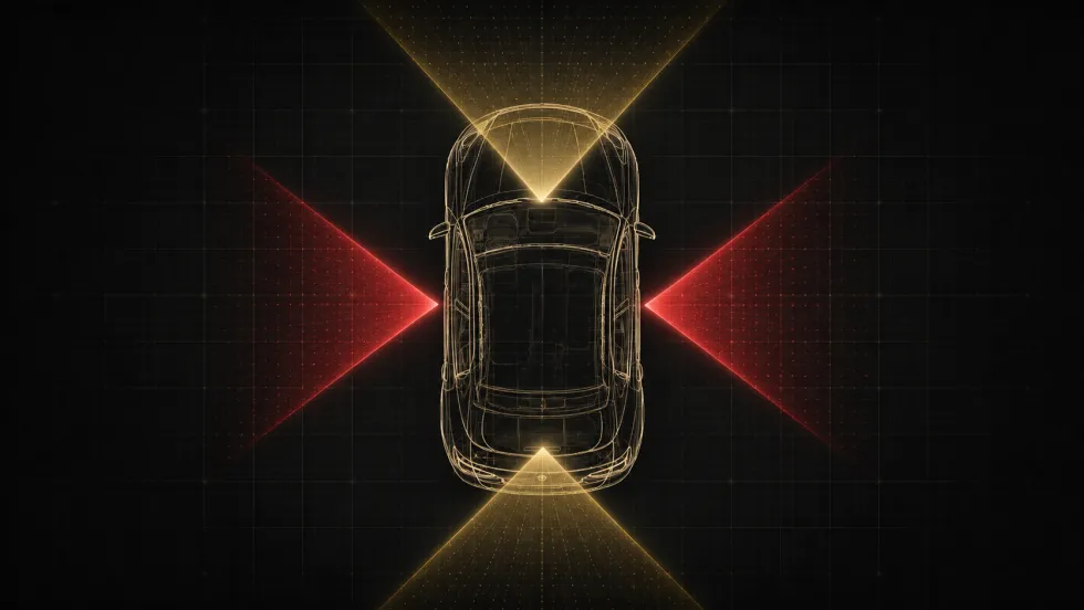 Top-down view: front, rear and side camera coverage